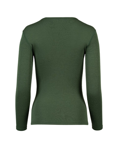 the menique long sleeve 250gsm women's merino top in dark green color, back view.