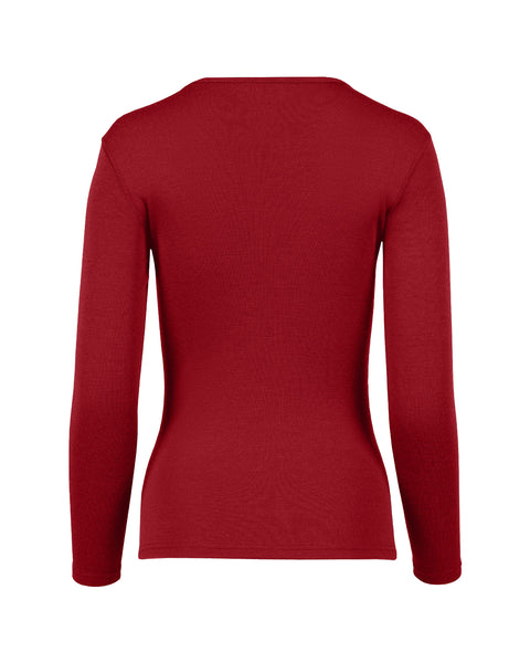 The menique women's long sleeve 250gsm merino top in royal cherry color, back view.
