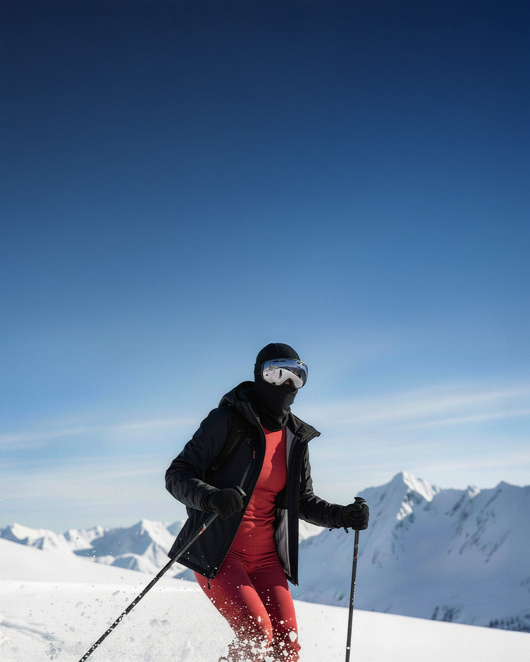Skier wearing red base layer and black jacket, skiing in snowy mountains under a clear blue sky