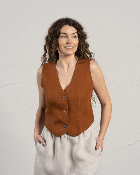Linen Vest Ava in almond brown color and linen pants