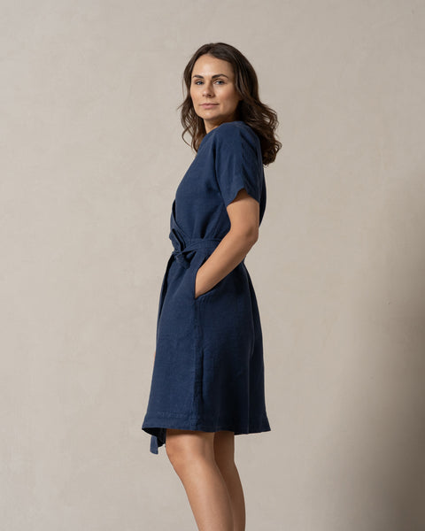 Woman wearing storm blue color linen dress