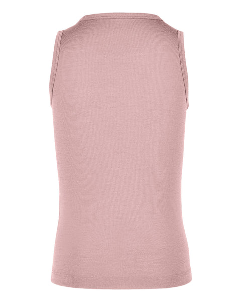 Back view of a kids' sleeveless top in a solid dusty pink color, displayed flat against a white background.