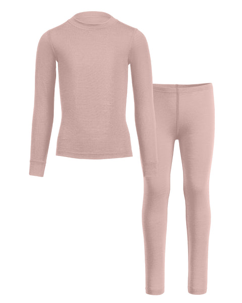 Dusty pink merino wool kids' long-sleeve top and leggings set on a white background