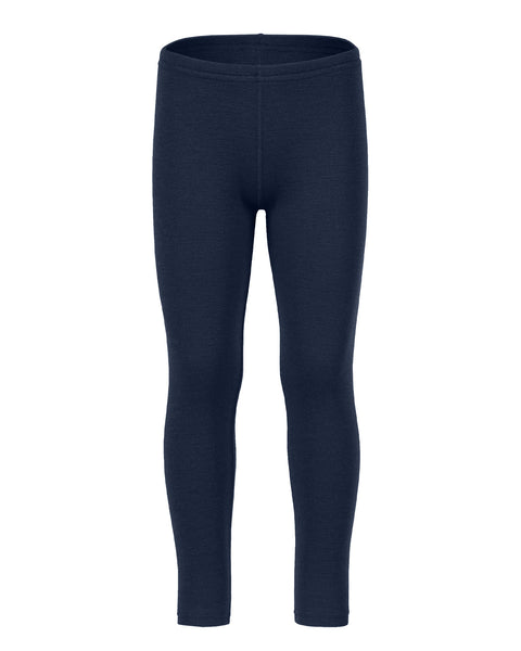 A product shot of plain navy blue thermal leggings for kids on a white background.
