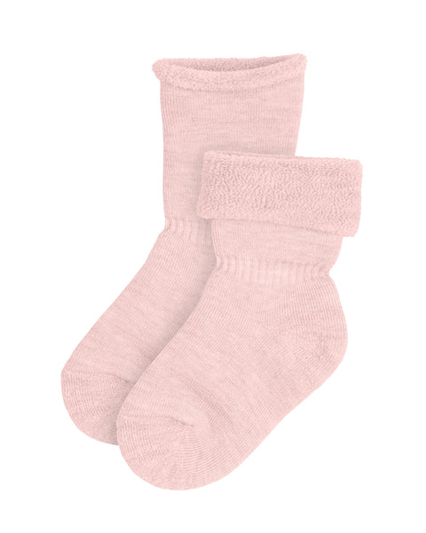 The menique Kids' pink merino sherpa lined socks. One is rolled down to reveal the sherpa lining, and the other is rolled up.