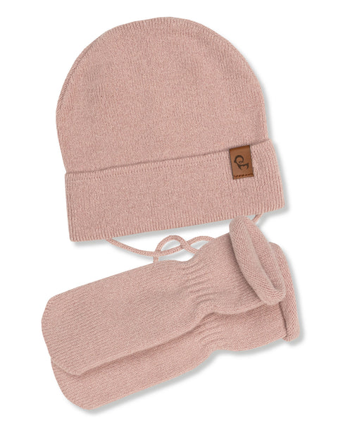 Baby Knit Beanie with Strings & Mittens 2-Piece Set Pink