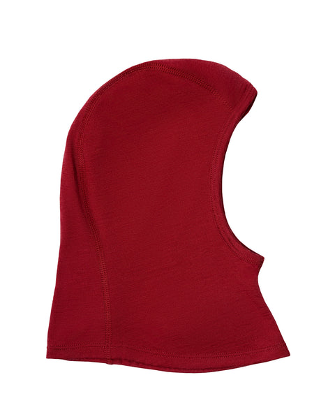 Side-profile product display of a burgundy red knit balaclava hood on a white backdrop.