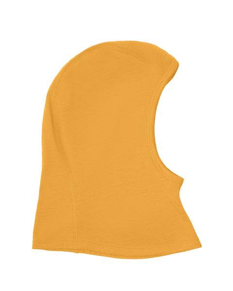 Side-profile product shot showing a warm mustard yellow knit balaclava hood against a plain white background.