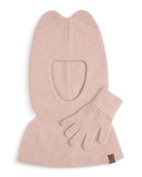 Pink knitted balaclava with gloves on a white background