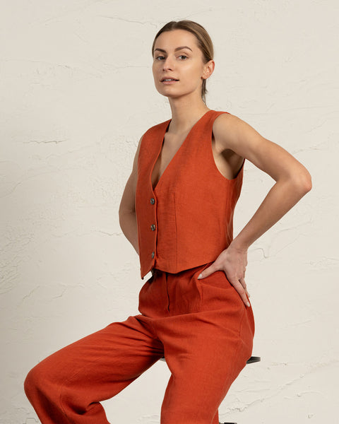 Women's Linen Waistcoat Ava Cinnamon Red