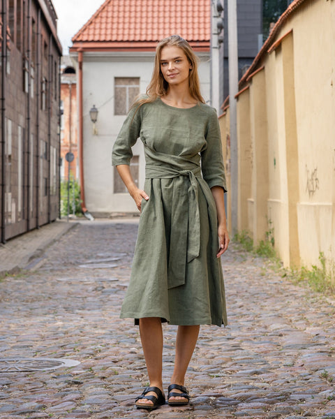 The menique women's linen wrap dress MILEY in stone green color.