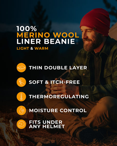 Man wearing a red merino wool liner beanie sitting by a campfire with product features listed.