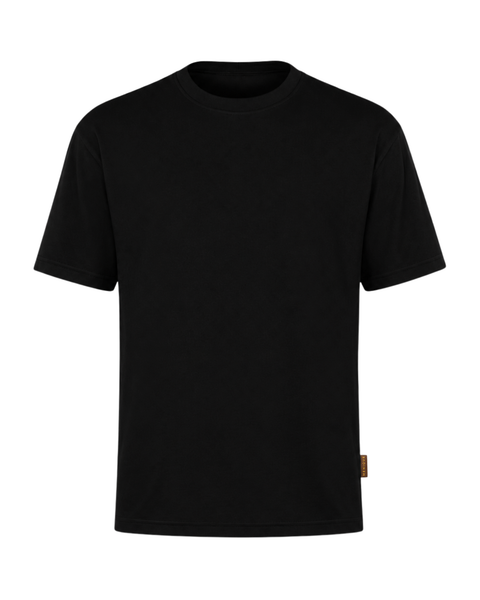 A plain black short-sleeve men's bamboo t-shirt with a crew neckline, displayed flat against a white background. It features a small brown branded tag attached to the lower left hem.