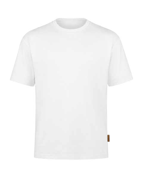 A plain white short-sleeve men's bamboo t-shirt with a crew neckline, displayed flat against a white background. It features a small brown branded tag attached to the lower left hem.