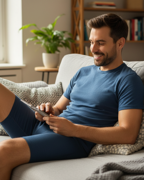 Man relaxing on a sofa while wearing a blue Menique Merino short-sleeve top and long boxers in a cozy home setting.