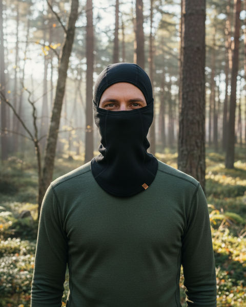 Man in green Merino wool base layer wearing a black balaclava, standing in a sunlit forest.