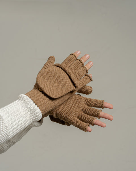 Caramel brown merino wool convertible gloves shown in fingerless mode, offering warmth and dexterity.