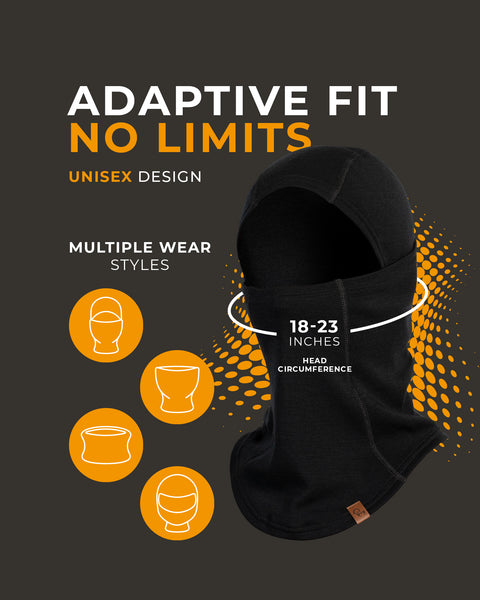 Black Merino wool balaclava with head circumference measurement on a dark background, featuring text about adaptive fit and design.