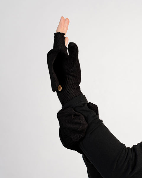 Black convertible fingerless glove with mitten flap pulled back, showing open fingers.