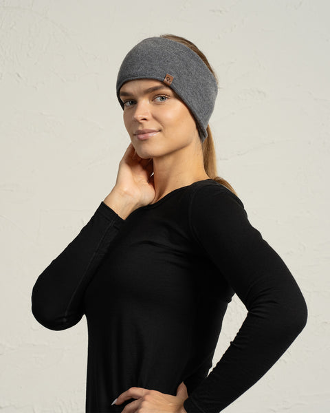A woman wearing a black long-sleeve top poses with one hand touching her neck while modeling a wide gray knit headband that covers her ears. She stands in a three-quarter profile, showing the side fit of the headband, which features a small brown branded tag. Her ponytail extends from the back, and the background is a simple textured light wall.