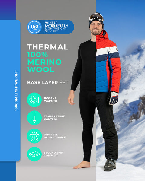 Men’s black 160 GSM thermal base layer set made from 100% merino wool, lightweight winter underwear for skiing and cold weather performance