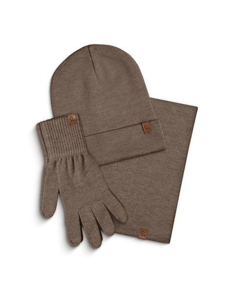 Brown knit beanie, gloves, and scarf set on a white background
