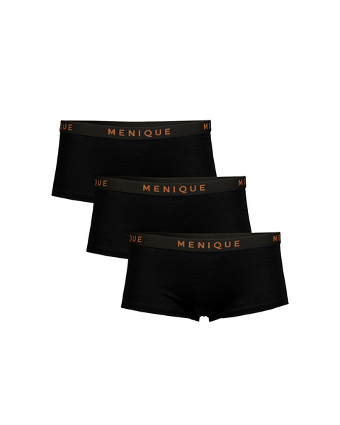 Three black men's underwear with 'Menique' branding on a white background