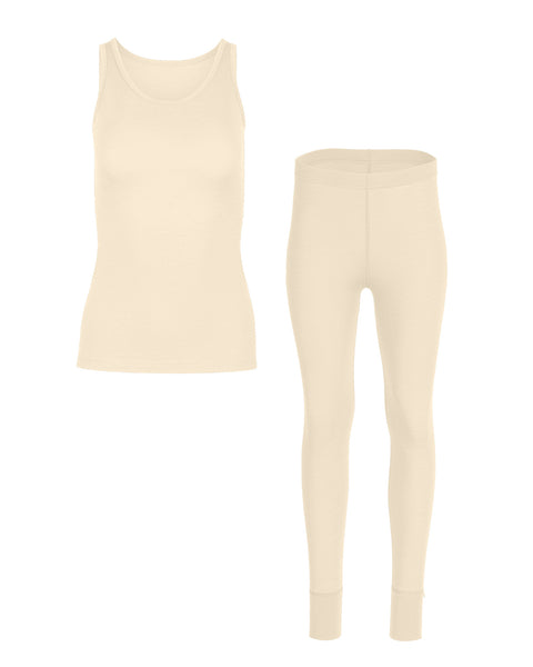 Packshot of women's 160 merino wool sleeveless top and bottoms set