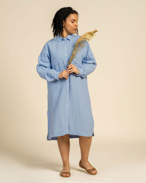 Linen Oversize Shirt Dress Margo Cloudy Blue