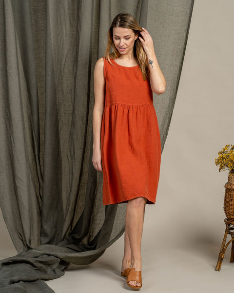 Linen Smock Dress Eliza Cinnamon Red