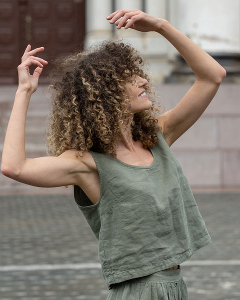 Linen Matching 2-Piece Set of Ana Crop Top & Sophia Skirt in stone green
