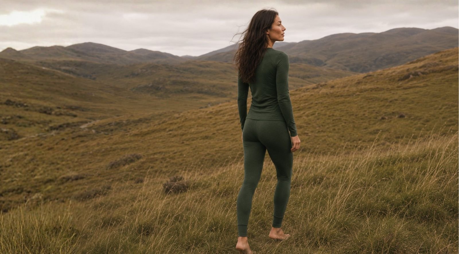 A barefoot woman stands in a grassy field wearing a dark green long-sleeve top and matching leggings. She is facing slightly away from the camera, looking toward rolling hills beneath an overcast sky.