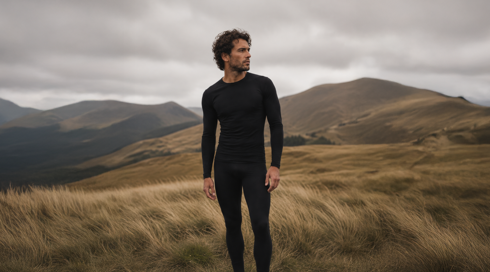 A man wearing a black long-sleeve compression shirt and matching black leggings stands on a grassy mountain ridge under an overcast sky.