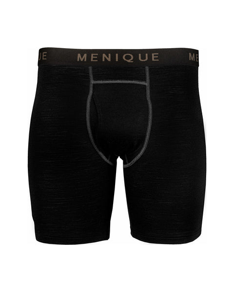 Menique men&#39;s merino boxers in black color, white background.