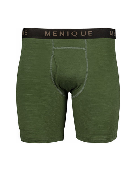 The Menique men&#39;s boxer underwear in color dark green, white background.