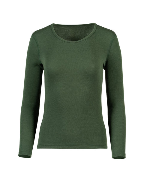 the menique long sleeve 250gsm women&#39;s merino top in dark green color, front view.