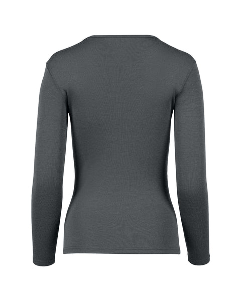 The menique women&#39;s long sleeve 250gsm merino top in perfect gray color, back view.