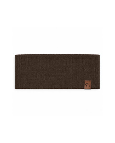Product flat lay displaying a solid brown rectangular knit fabric headband with a small brown leather brand tag, laid flat against a white background.