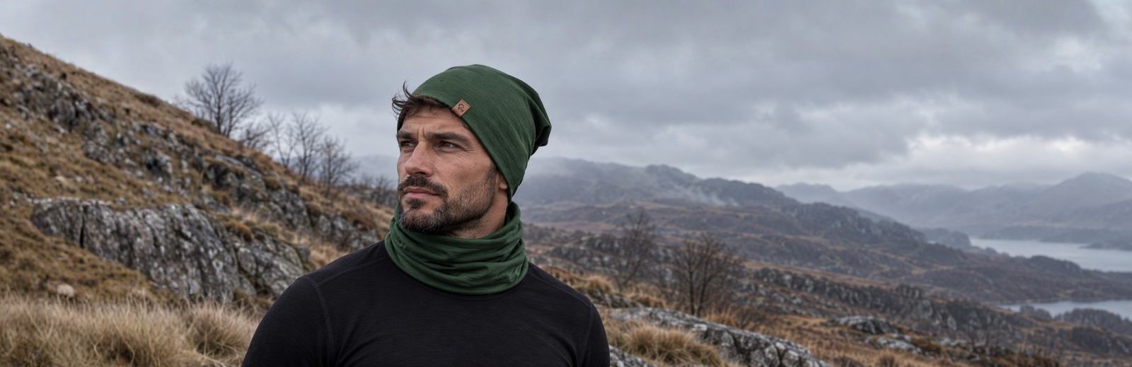 A bearded man wearing a dark green beanie and a matching neck gaiter looks thoughtfully off to the side. He is dressed in a black long-sleeved thermal top, set against a rugged, mountainous landscape under a heavily clouded sky.