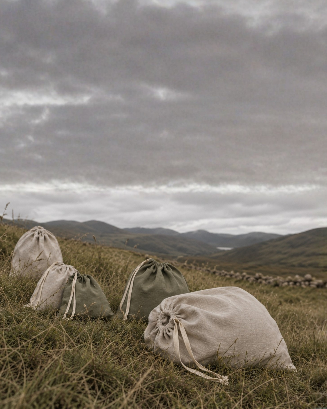 Five linen drawstring bags in natural beige and olive green resting on a grassy hillside under a cloudy sky.