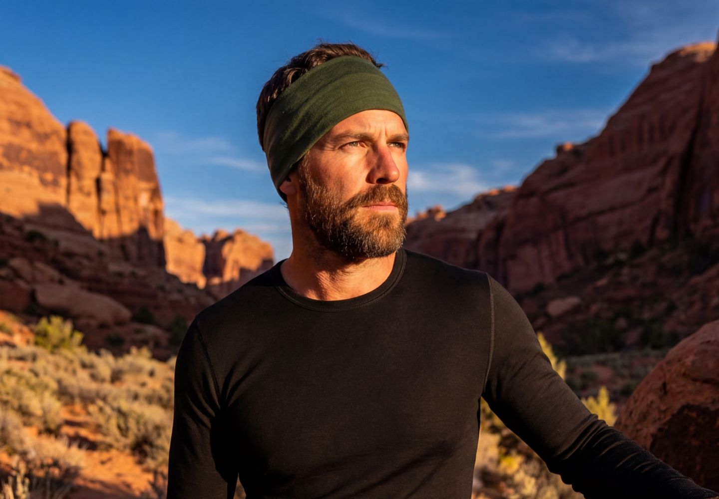 Man wearing a green headband in a desert landscape with red rock formations.