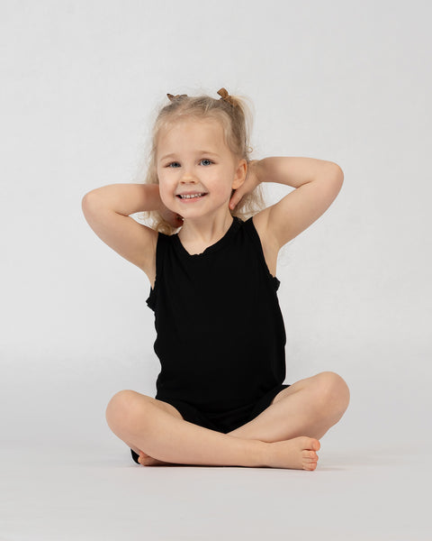 Kids bamboo sleeveless top and shorts set in black, comfortable and stretchy everyday clothing.