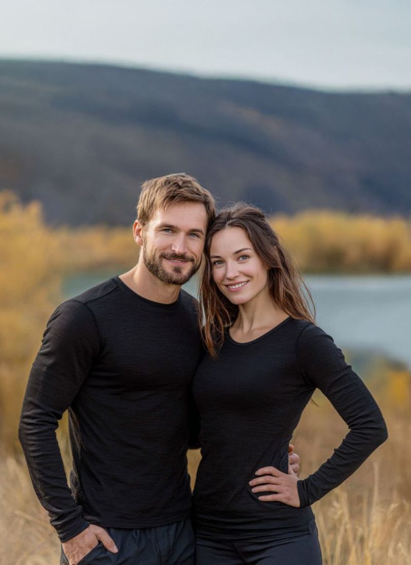 Man and woman standing together in a field with mountains in the background