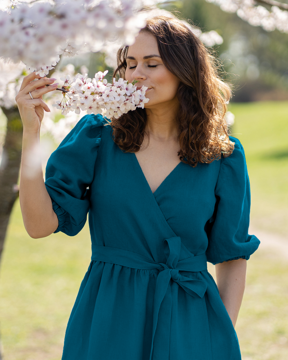 Bubble Sleeve Midi Dress Made of 100% Linen ❤️ menique