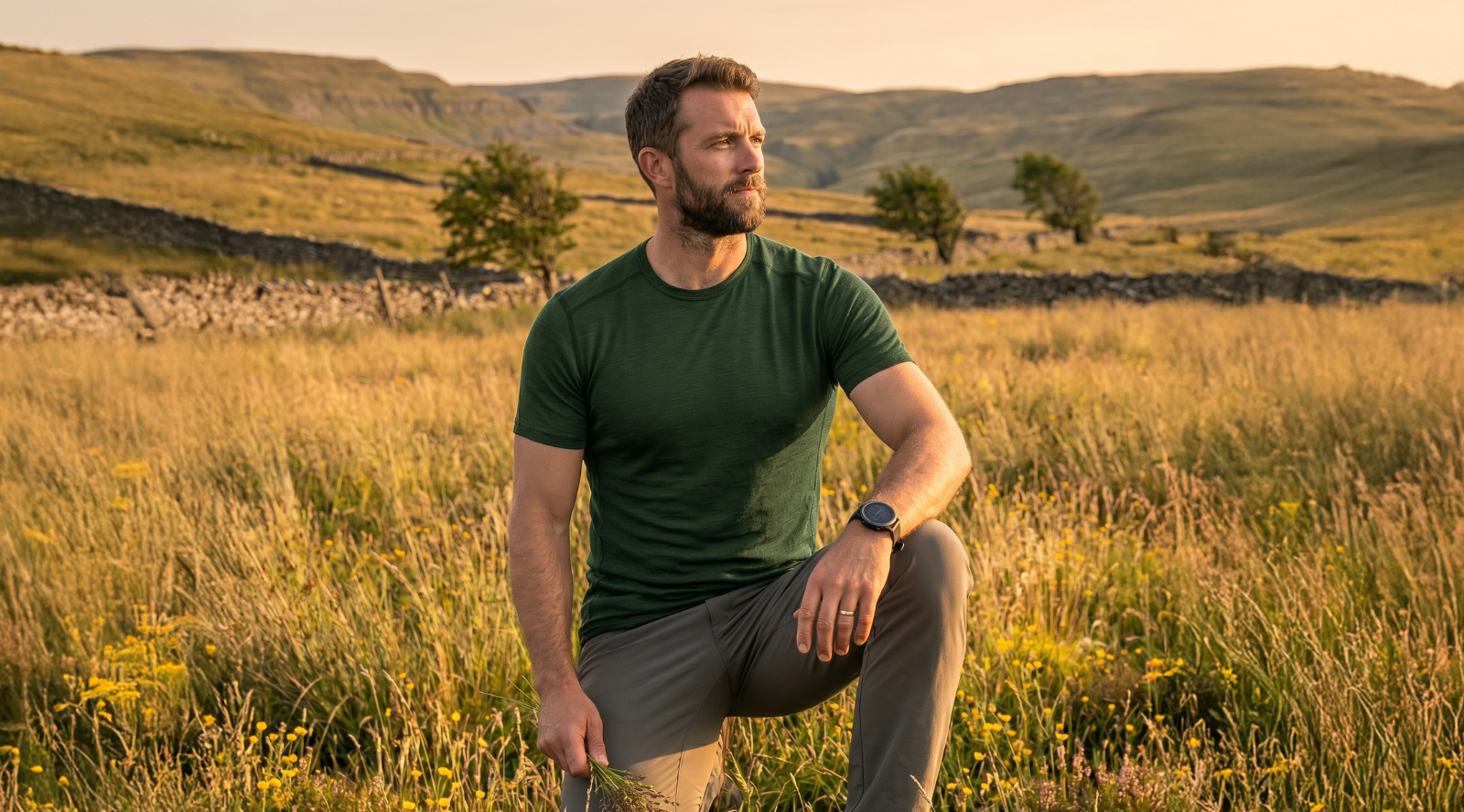 A bearded man kneeling in tall grass during golden hour, wearing a dark green short-sleeved t-shirt and grey pants, looking thoughtfully into the distance.