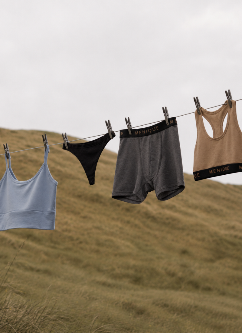 Four pieces of women's underwear from the brand MENIDE are hanging on a clothesline outdoors against a backdrop of rolling grassy hills under a cloudy sky. The collection includes a light blue sports bra, black bikini briefs, dark gray boxer briefs, and a beige racerback tank top.