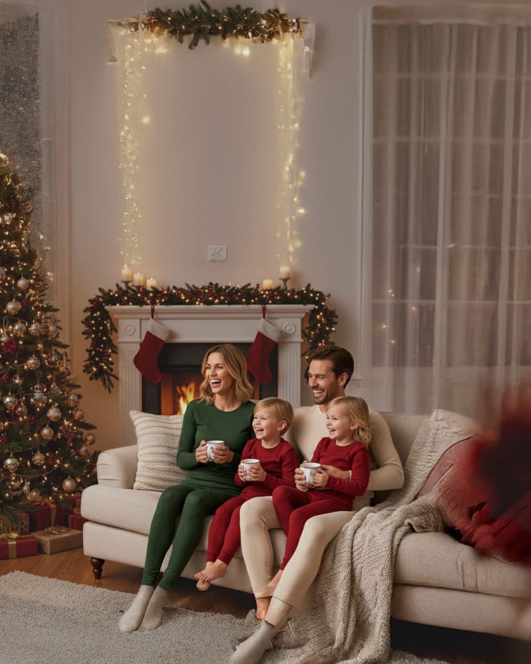 Family of four sitting on a couch in a living room decorated for Christmas.
