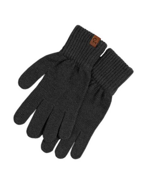 A pair of menique brand dark gray knit gloves with ribbed cuffs. A small, rectangular tan leather tag with the &quot;menique&quot; logo is visible on the cuff of the left glove. The gloves are laid flat against a white background.