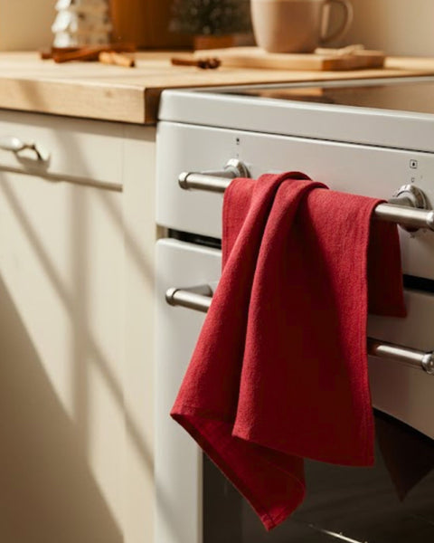 Red towel hanging on a silver oven handle in a kitchen.