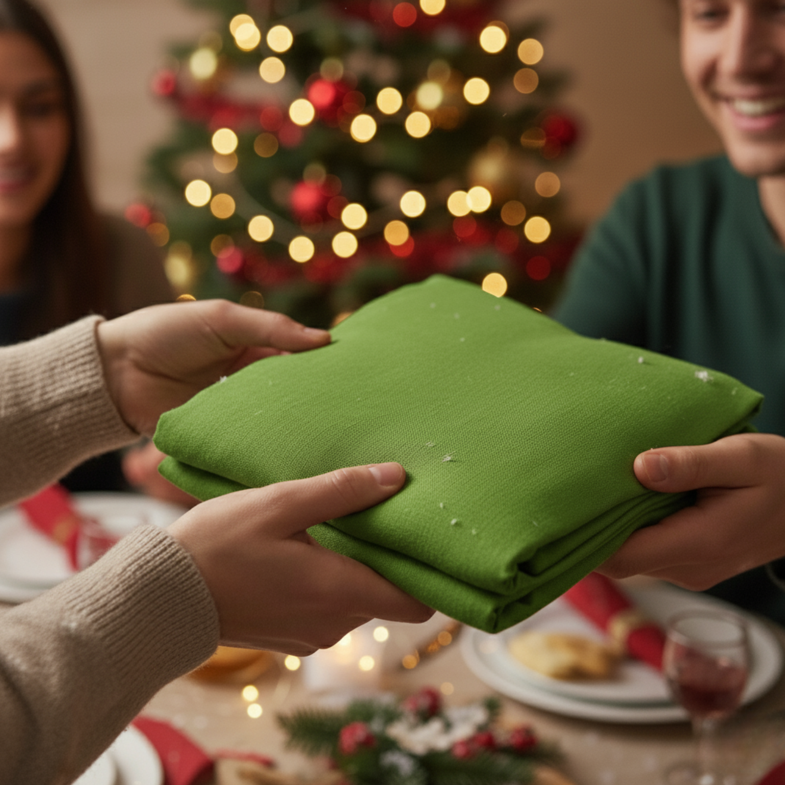 A festive dining table decorated with a green tablecloth, white plates, candles, and natural holiday accents like pine branches, red berries, and dried oranges, creating a warm Christmas atmosphere.